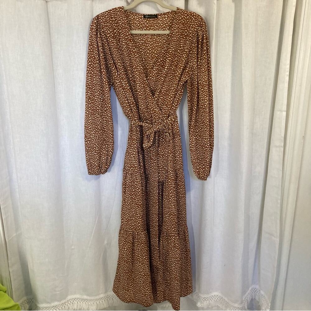 PrettyGarden animal print maxi dress belted surplice neckline size L glam flowy